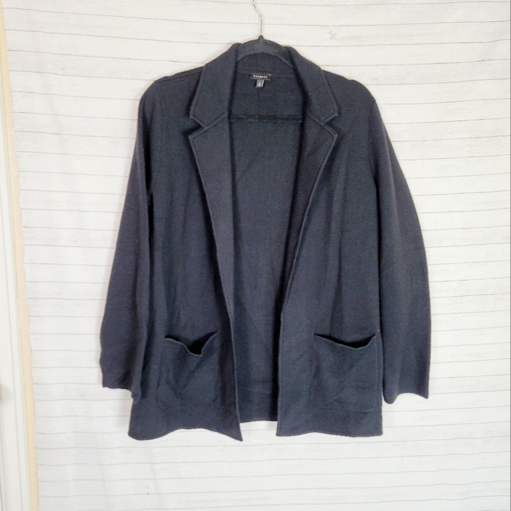 TALBOTS MERINO WOOL BLEND COLLARED CARDIGAN SWEATER IN BLACK, SZ MEDIUM